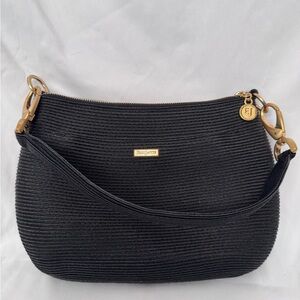Eric Javits Black Ribbed Shoulder Bag with Gold Accents